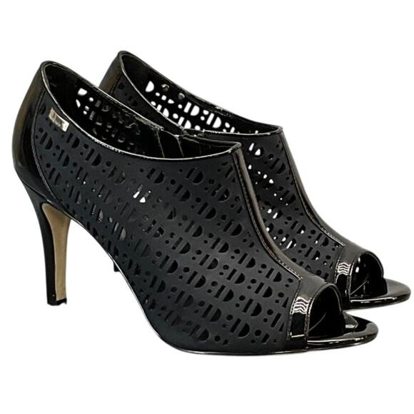 Calvin Klein Kailani Nubuck Patent Leather Black Side Zip Peep Toe Heel Women 10 - Picture 1 of 12